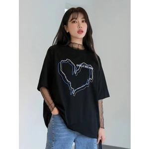 Kadın Çizgili Figür Kalp T-Shirt Have A Holiday Baskılı