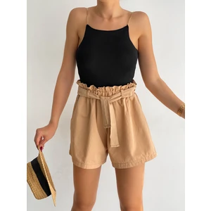 Fav Style Kadın Yüksel Bel Lastikli Kuşaklı Çift Cepli Gabardin Şort Bej