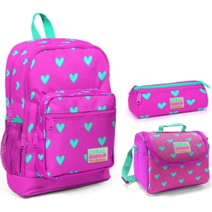 Coral High Pembe Kalp Baskılı Kız Çocuk 3'lü Ilkokul Çanta Seti
