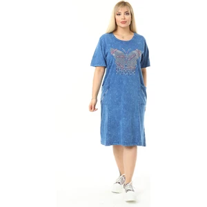 Mia Butik Büyük Beden Mavi Kelebek Taslı Elbise