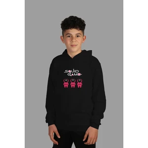 Çocuk Siyah Kapşonlu Sweatshirt Squid Game Dijital Baskılı Iki Iplik Içi Şardonlu