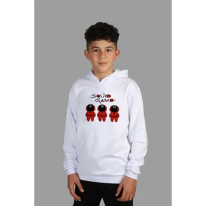 Çocuk Beyaz Kapşonlu Sweatshirt Squid Game Dijital Baskılı Iki Iplik Içi Şardonlu