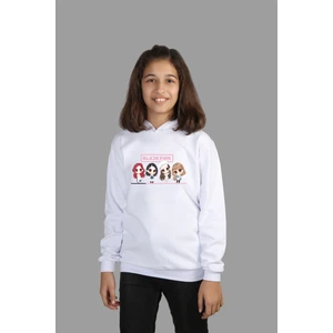 Raf Coll çoçuk Örme Beyaz Kapüşonlu Sweatshirt Black Pink Dijital Baskılı Iki Iplik Içi Şardonlu