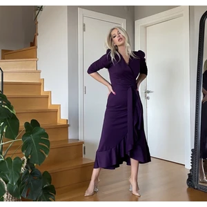 Krep Kumaş Midi Boy Kuşaklı Uzun Kol Elbise (Mürdüm)