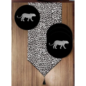 Pusula Home Siyah Beyaz Leopar Desenli 6'lı Supla ve Runner Set