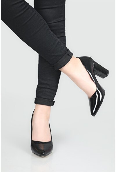 Carla Bella 11 cm Kalın Topuklu Siyah Rugan Kadın Ayakkabı Pare 09
