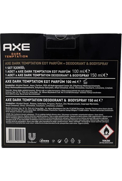 Axe Dark Temptation Erkek Parfüm Edt 100ML + Deodorant 150ML Set