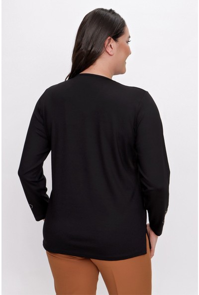 Saygı Giyim Önü ve Kolları Taşlı Petek Desen Uzun Kollu Büyük Beden Likra Viskon Bluz Siyah