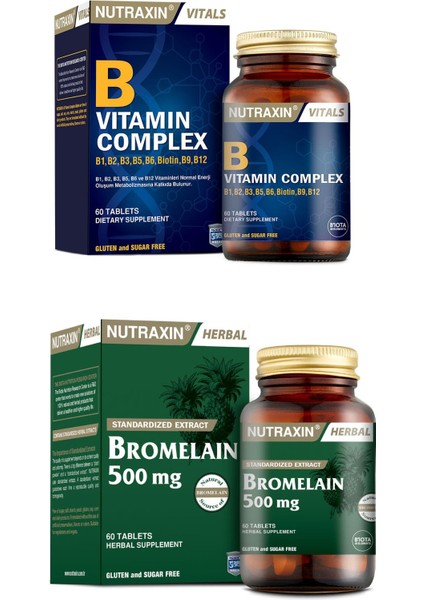 Herbal Bromelain Ananas 60 Kapsül + Vitals B Vitamin Complex 60 Tablet