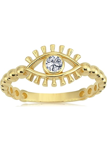 Tektaş Altın Yüzük - 14 Ayar Altın Top Top Kol Kirpik Göz Zirkon Taşlı Tek Taş Yüzük