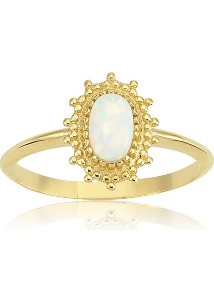 Opal Altın Yüzük - 14 Ayar Altın Vintage Güverseli 0.80 Karat Oval Opal Taşlı Kadın Yüzük