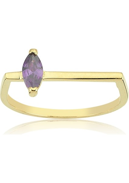 Tektaş Altın Yüzük - 14 Ayar Altın Çizgi 0.20 Karat Ametist Taşlı Minimal Yüzük - Eşe, Sevgiliye