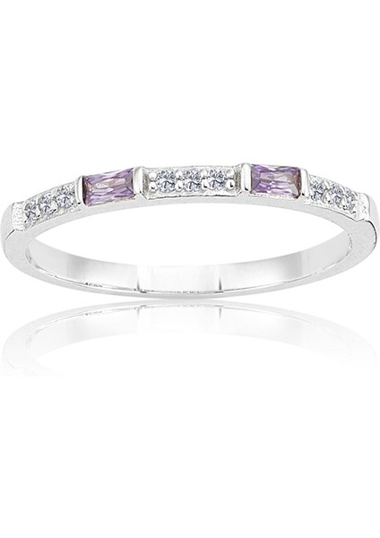 Baget Altın Yüzük - 14 Ayar Altın Baget Sıralı 0.25 Karat Ametist Taşlı Kadın Yüzük - Sevgiliye