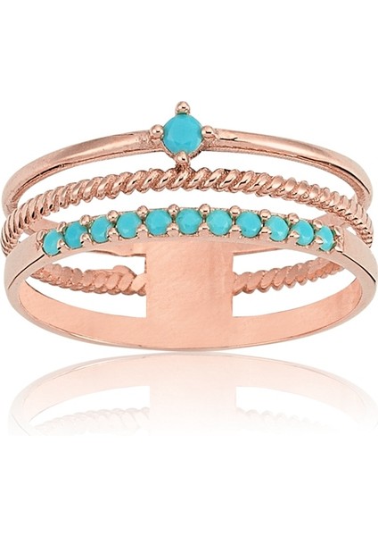 Altın Yüzük - 14 Ayar Altın Üç Sıra Turkuaz Taşlı Sarı Yüzük - Tektaş, Yarım Tur Yüzük