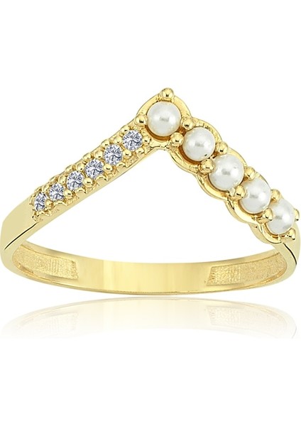 İncili Altın Yüzük - 14 Ayar Altın İncili Minimal Kadın Yüzük - Eşe, Sevgiliye Hediyelik Yüzük