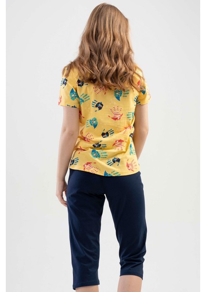 Pamuklu Kısa Kol Kaprili Pijama Takım