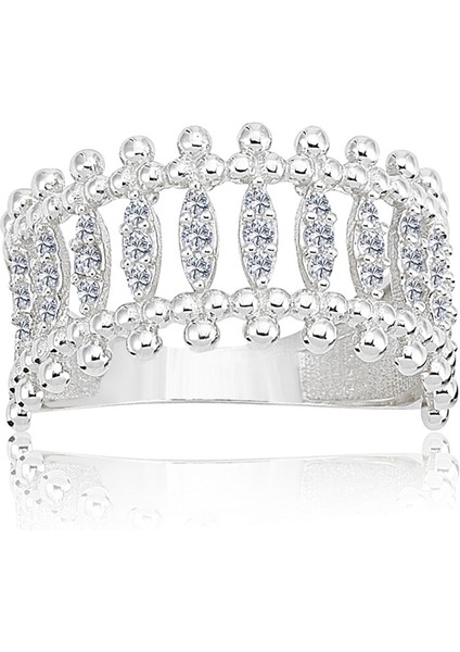 Yarım Tur Altın Yüzük - 14 Ayar Altın Taç Güverseli Zirkon Taşlı Yarım Tur Yüzük