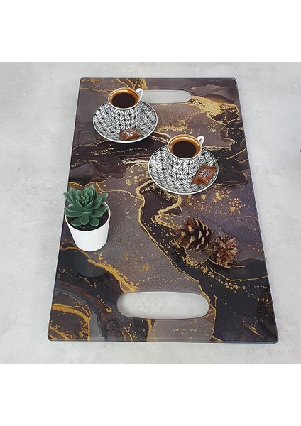 Cam Tepsi | Kahverengi Simli Mermer | 29cm x 52cm