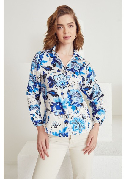 Desenli Saten Gömlek-Mavi