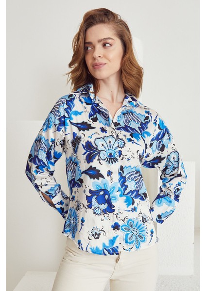 Desenli Saten Gömlek-Mavi fiyatları