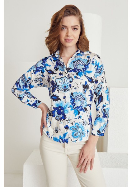 Desenli Saten Gömlek-Mavi modelleri