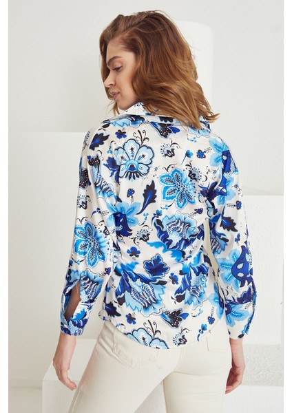 Desenli Saten Gömlek-Mavi fırsatları