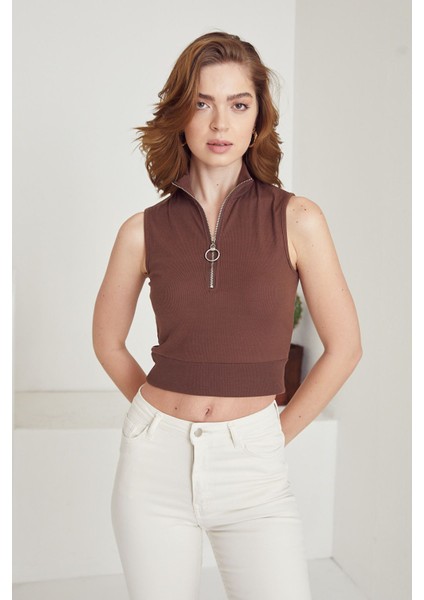 Fermuarlı Kaşkorse Bluz-Kahve fiyatları