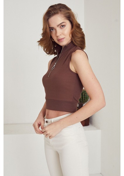 Fermuarlı Kaşkorse Bluz-Kahve modelleri