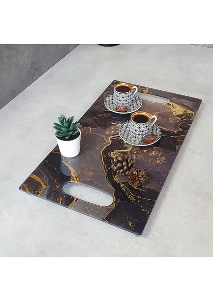 Cam Tepsi | Kahverengi Simli Mermer | 29cm x 52cm