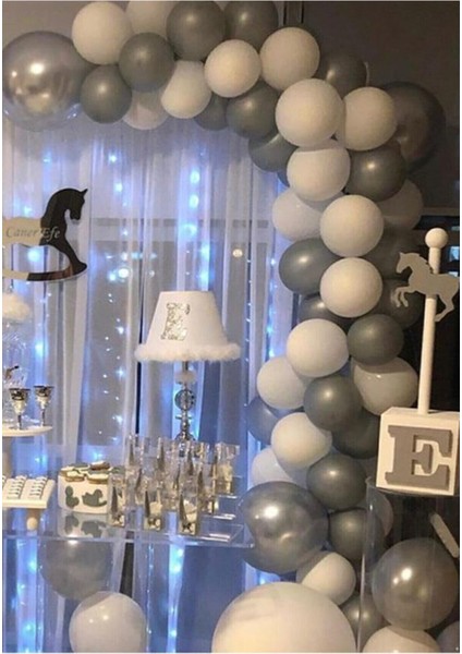 Pastel Gri Beyaz Balon 60 Adet + 5 Mt. Balon Zinciri