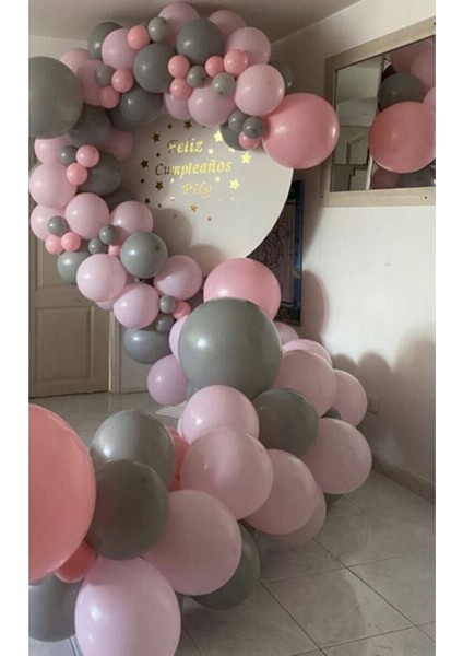 Pastel Gri Pembe Balon 60 Adet + 5 Mt. Balon Zinciri