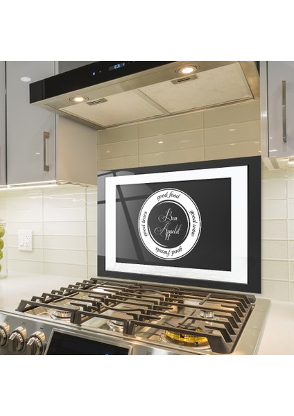 Cam Ocak Arkası Koruyucu | Good Food - Siyah Fon | 49,5cm X 76cm
