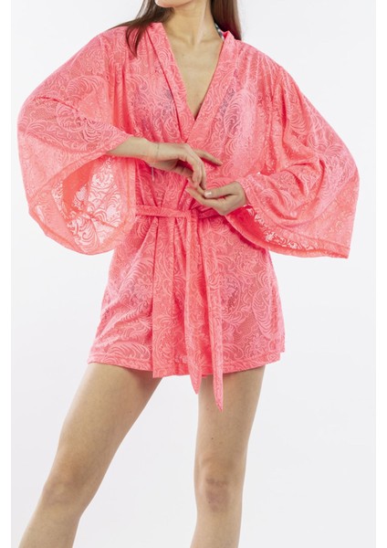 Pembe Kadın Pareo Kaftan Sabahlık Dantelli