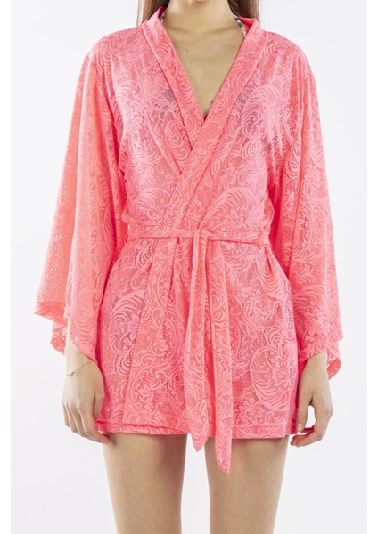 Pembe Kadın Pareo Kaftan Sabahlık Dantelli