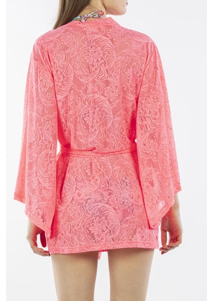 Pembe Kadın Pareo Kaftan Sabahlık Dantelli
