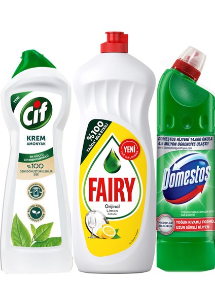 Sıvı Bulaşık Deterjanı 650 ml + Domestos Çamaşır Suyu 750 ml + Cif Krem 500 ml