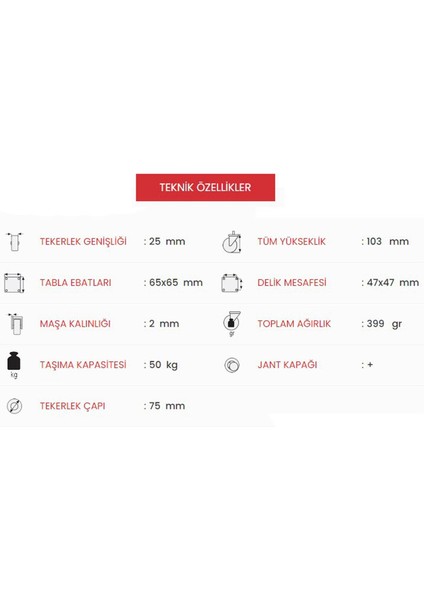 Emes EP01 Zkc 75F Döner Tablalı Frenli Gri Teker 75X25 mm 50 kg fiyatları