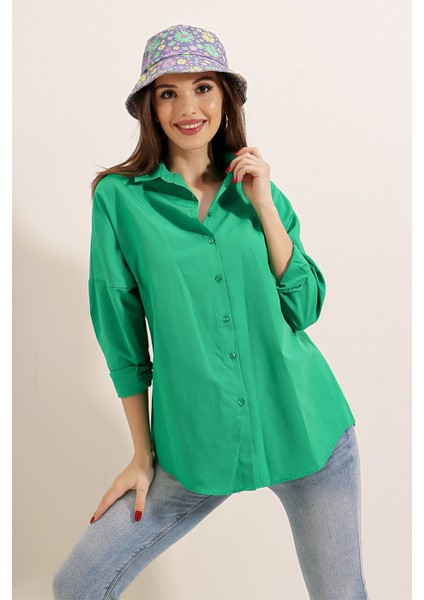 Oversize Uzun Basic Gömlek Yeşil modelleri
