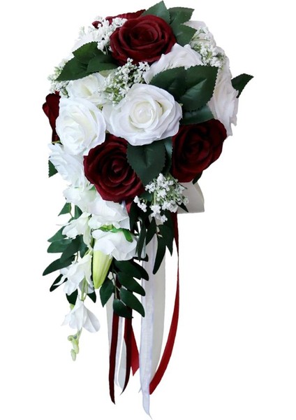 Şelale Gelin El Buketi Yapay Gül Çiçek Buketi Beyaz Şarap Kırmızı Beyaz Şarap Kırmızı (Yurt Dışından) indirimleri