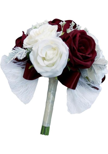 Rustik Yarım Top Düğün Gelin Yapay Çiçek Buketi Beyaz Şarap Kırmızı (Yurt Dışından)