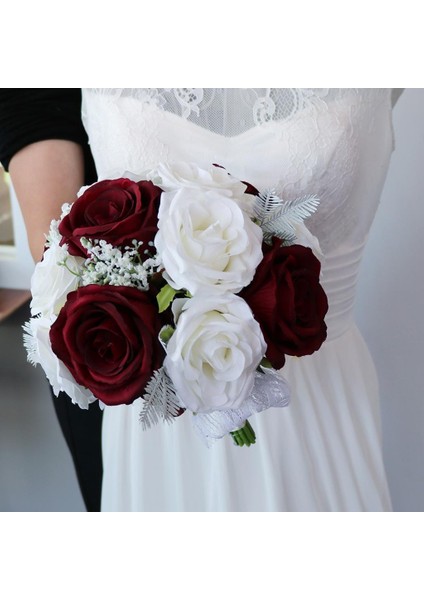 Rustik Yarım Top Düğün Gelin Yapay Çiçek Buketi Beyaz Şarap Kırmızı (Yurt Dışından) fiyatları