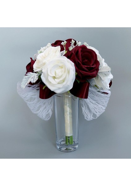 Rustik Yarım Top Düğün Gelin Yapay Çiçek Buketi Beyaz Şarap Kırmızı (Yurt Dışından) fırsatları