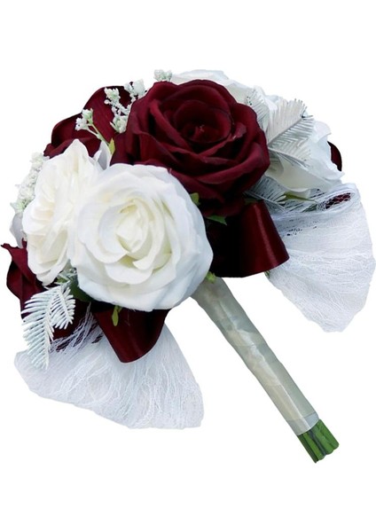 Rustik Yarım Top Düğün Gelin Yapay Çiçek Buketi Beyaz Şarap Kırmızı (Yurt Dışından) indirimleri