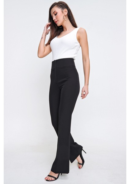 Yüksek Bel Cepli En Boy Likra Ispanyol Paça Pantolon Siyah fiyatları