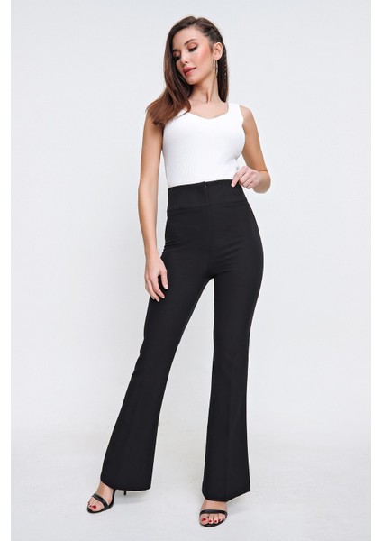 Yüksek Bel Cepli En Boy Likra Ispanyol Paça Pantolon Siyah modelleri