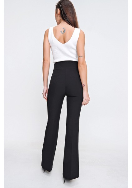Yüksek Bel Cepli En Boy Likra Ispanyol Paça Pantolon Siyah fırsatları