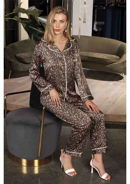 5660B Kadın Saten Pijama Takımı-Leopar