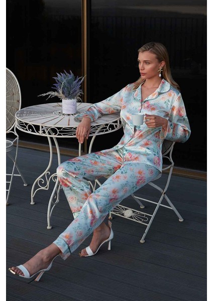 5654 Kadın Saten Pijama Takım-Mint