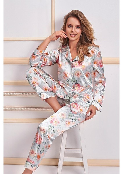 5654 Kadın Saten Pijama Takım-Mint