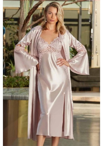 5196 Kadın Saten Sabahlıklı Gecelik Takım-Pudra